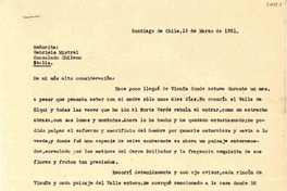 [Carta] 1951 mar. 15, Santiago, Chile [a] Gabriela Mistral, Italia