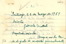 [Carta] 1951 mar. 22, Santiago [a] Gabriela Mistral