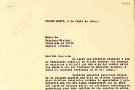 [Carta] 1951 jun. 2, Puerto Montt, Chile [a] Gabriela Mistral, Rapallo, Italia