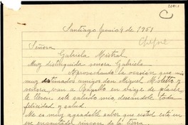 [Carta] 1951 jun. 4, Santiago, [Chile] [a] Gabriela Mistral
