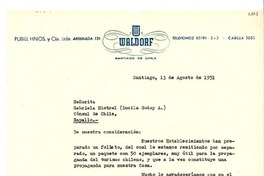 [Carta] 1951 ago. 13, Santiago [a] Gabriela Mistral, Rapallo