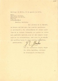 [Carta] 1951 ago. 14, Santiago, Chile [a] Gabriela Mistral, Nápoles, Italia