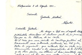 [Carta] 1951 ago. 8, Valparaíso, [Chile] [a] Gabriela Mistral, Nápoles, [Italia]