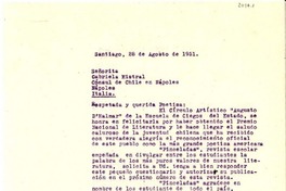 [Carta] 1951 ago. 28, Santiago [a] Gabriela Mistral, Nápoles, Italia