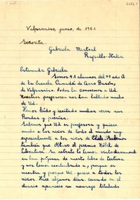 [Carta] 1951 jun., Valparaíso, [Chile] [a] Gabriela Mistral