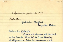 [Carta] 1951 jun., Valparaíso, [Chile] [a] Gabriela Mistral