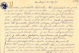 [Carta] 1951 ago. 30, Santiago [a] Gabriela Mistral
