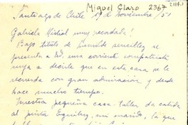 [Carta] 1951 nov. 19, Santiago, Chile [a] Gabriela Mistral