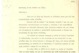 [Carta] 1951 oct. 10, Santiago [a] Gabriela Mistral
