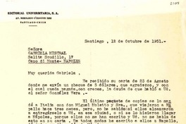 [Carta] 1951 oct. 12, Santiago [a] Gabriela Mistral, Nápoles
