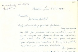 [Carta] 1952 jun. 26, Madrid, [España] [a] Gabriela Mistral