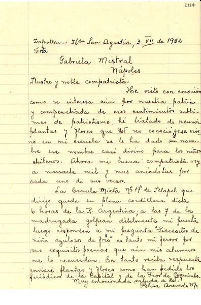 [Carta] 1952 jul. 3, Zapallar, [Chile] [a] Gabriela Mistral, Nápoles
