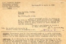[Carta] 1952 sept. 22, Santiago, Chile [a] Gabriela Mistral, Nápoles, [Italia]