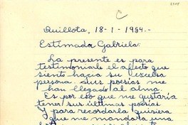 [Carta] 1954 ene. 18, Quillota, [Chile] [a] Gabriela Mistral