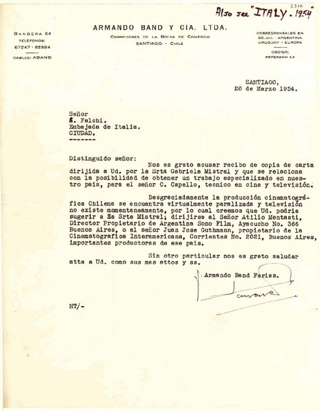 [Carta] 1954 mar. 20, Santiago, Chile [a] S. Falchi, Embajada de Italia