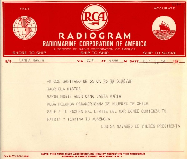 [Telegrama] 1954 sept. 3, Santiago, [Chile] [a] Gabriela Mistral, Vapor Santa María