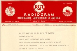 [Telegrama] 1954 sept. 3, Santiago, [Chile] [a] Gabriela Mistral, Vapor Santa María