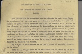 Conferencia de Gabriela Mistral : El sentido religioso de la vida Conferencia de Gabriela Mistral : El sentido religioso de la vida