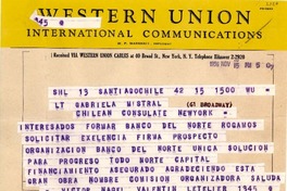 [Telegrama] 1956 nov. 15, Santiago [a] Gabriela Mistral, Nueva York