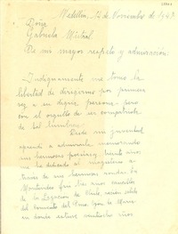 [Carta] 1947 nov. 14, Medellín [a] Gabriela Mistral