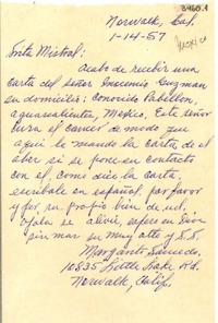 [Carta] 1957 ene. 14, Norwalk, Cal., [Estados Unidos] [a] Gabriela Mistral, New York, [Estados Unidos]