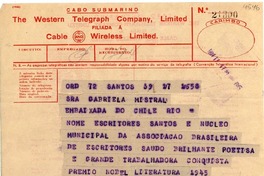 [Telegrama] 1945 nov. 17, Santos, [Brasil] [a] Gabriela Mistral, Río de Janeiro