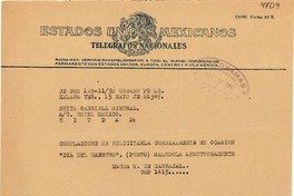 [Telegrama] 1950 mayo 15, Xalapa, Ver[acruz] [a] Gabriela Mistral, Hotel México, [México]
