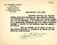 [Tarjeta] 1954 sept. 8, Santiago [a] Gabriela Mistral