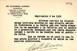 [Tarjeta] 1954 sept. 8, Santiago [a] Gabriela Mistral