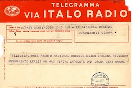 [Telegrama] 1951 ago. 4, Santiago, Chile [a] Gabriela Mistral, Genova
