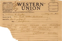 [Telegrama] 1946 May 20, [Monrovia, California, EE.UU.] [a] William H. Jucker, Los Angeles, Calif[ornia]