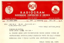 [Telegrama] 1954 oct. 10, Lima, Perú [a] Gabriela Mistral, Vapor Santa Isabel