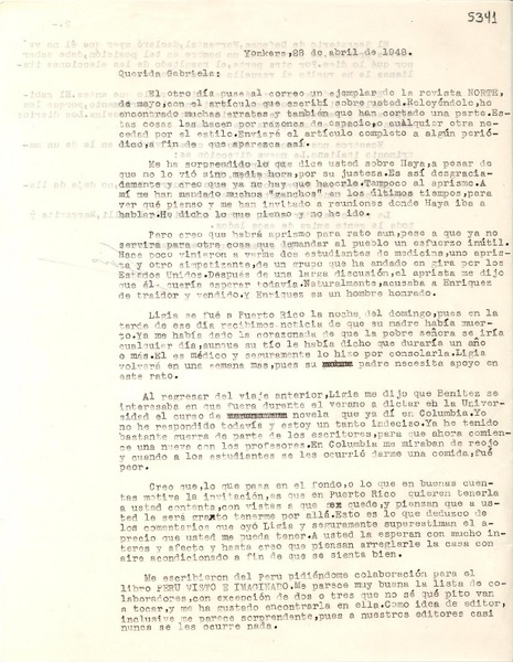 Carta] 1948 abr. 28, Yonkers, [New York] [a] Gabriela Mistral [manuscrito]  Ciro Alegría. - Biblioteca Nacional Digital de Chile
