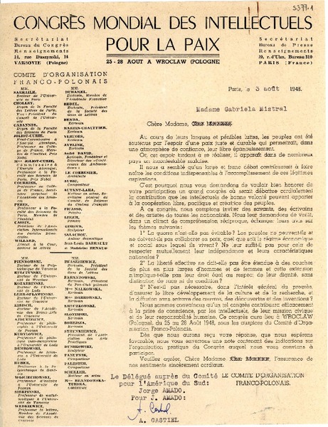 [Carta] 1948 ago. 3, Paris [a] Gabriela Mistral