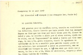 [Carta] 1947 août 12, Champrosay, [Francia] [a] Gabriela [Mistral]