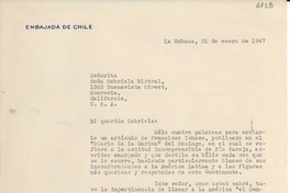 [Carta] 1947 ene. 21, La Habana, [Cuba] [a] Gabriela Mistral, Monrovia, California