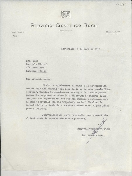 [Carta] 1952 mayo 6, Montevideo, [Uruguay] [a] Gabriela Mistral, Nápoles, Italia