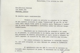 [Carta] 1952 oct. 6, Montevideo, [Uruguay] [a] Gabriela Mistral, Nápoles, Italia