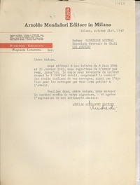 [Carta] 1947 oct. 21, Milano, [Italia] [a] Chere Madame Gabrielle [i.e. Gabriela] Mistral, Consolado Generale de Chili, Los Angeles