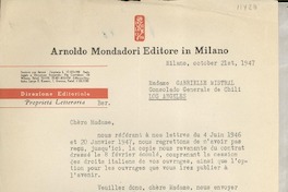 [Carta] 1947 oct. 21, Milano, [Italia] [a] Chere Madame Gabrielle [i.e. Gabriela] Mistral, Consolado Generale de Chili, Los Angeles