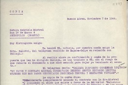 [Carta] 1944 nov. 7, Buenos Aires, [Argentina] [a] Señora Gabriela Mistral, Rua 1 de Marco 4, Petrópolis, (Brasil)