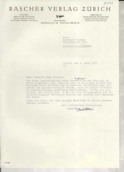 [Carta] 1953 März 6, Zürich, [Switzerland] [a] Frau Gabriele [i.e. Gabriela] Mistral, Consulate de Chile, Neapel, Italien