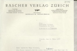 [Carta] 1953 März 6, Zürich, [Switzerland] [a] Frau Gabriele [i.e. Gabriela] Mistral, Consulate de Chile, Neapel, Italien