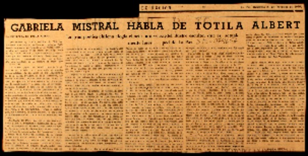 Gabriela Mistral habla de Totila Albert la gran poetisa chilena elogia el arte universal del ilustre escultor que es actualmente huésped de La Paz : La escultura de Totila Albert