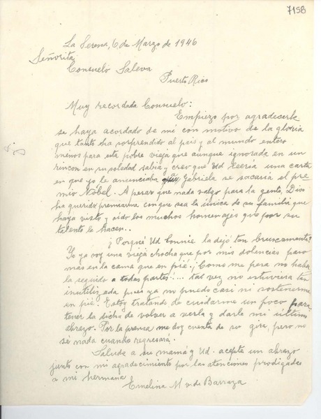 [Carta] 1946 mar. 6, La Serena [a] Consuelo Saleva, Puerto Ricol