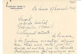 [Carta] 1944 nov. 27, La Serena [a] Gabriela Mistral, Petrópolis