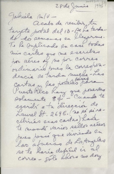 [Carta] [1946?] jun. 28 [a] Gabriela [Mistral]