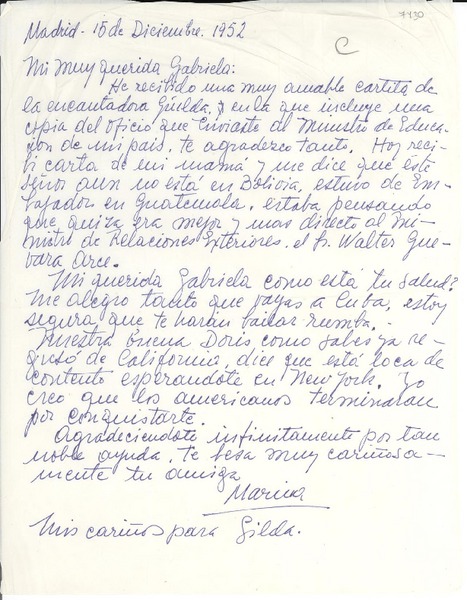 [Carta] 1952 dic. 15, Madrid, [España] [a] Gabriela [Mistral]