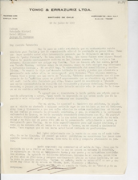[Carta] 1949 jul. 1, Santiago, Chile [a] Gabriela Mistral, Hotel Méjico, Jalapa de Veracruz, [México]