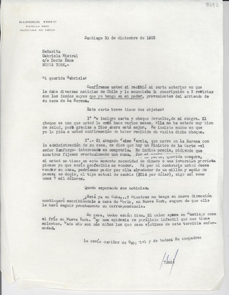 [Carta] 1953 dic. 30, Santiago, [Chile] [a] Gabriela Mistral, Nueva York, [EE.UU.]